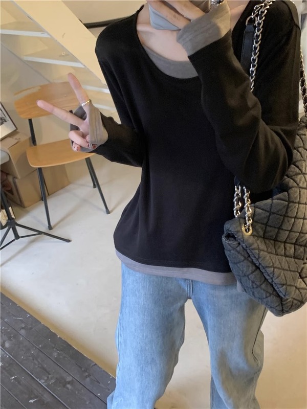 韩系宽松假两件长袖上衣女2025长袖恤春秋设计感撞色内搭打底衫|undefined