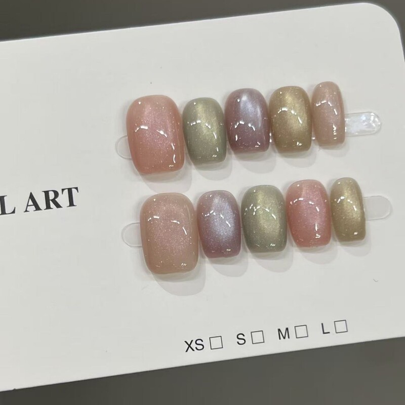 2026 Summer New Style Glass Bead Light-Reflecting Cat Eye Nail Tips, Short Detachable Finished Nails with a High-End Feel, Wholesale