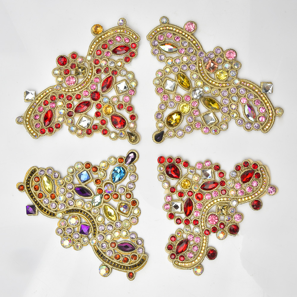 新款 彩色水钻三角鞋花布贴金丝刺绣花边钻花diy手缝加厚布底辅料