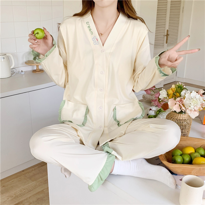 Ropa de confinamiento de primavera con almohadilla en el pecho cardigan de algodón artificial pijama de maternidad pantalones de manga larga ropa de hogar de enfermería posparto verano