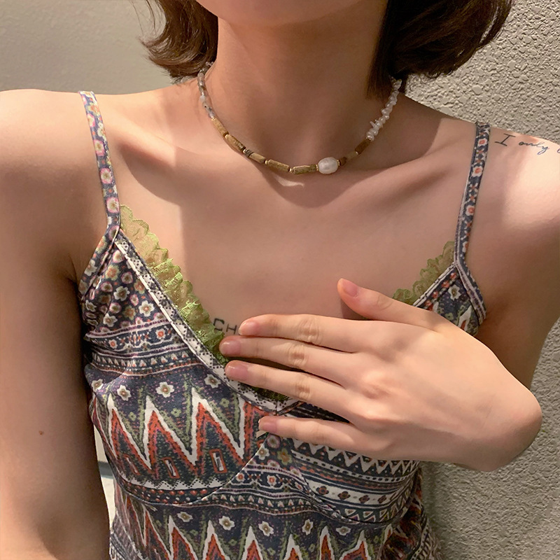 韩版时尚天然石拼接项链女原创自制复古珍珠链子小众设计感卫衣链