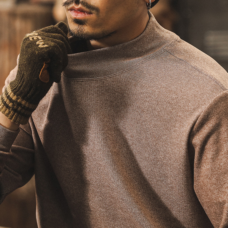 미국 복고풍 280g 무거운 하프 하이 칼라 벨벳 바닥 셔츠 가을과 겨울 패션 브랜드 따뜻한 긴 소매 티셔츠 남성