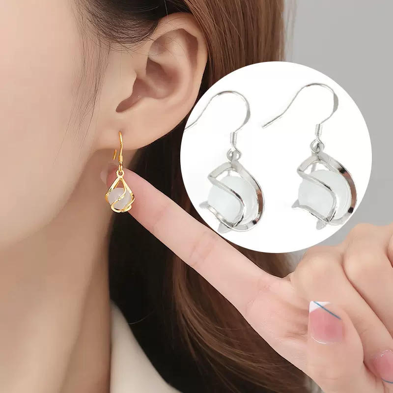 白猫眼石耳坠S925纯银针猫眼石耳环耳钩高级感新款耳饰品批发轻奢