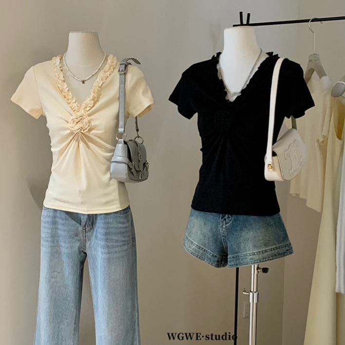 Liquidación, sin devoluciones ni cambios, diseño veraniego, estilo nicho, top adelgazante, capa interior ajustada, cuello en V, camiseta de manga corta con encaje W558 image 3