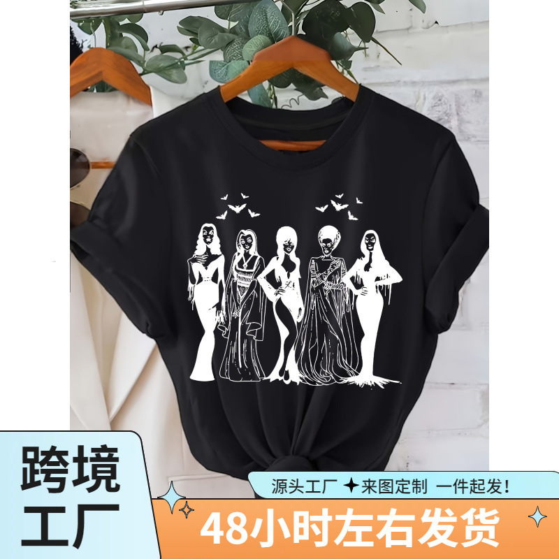 Halloween vampire women's printed T-shirt, short sleeve round neck casual top, suitable for spring and summer, women's clothing Halloween vampire women's printed T-shirt, short sleeve round neck casual top, suitable for spring and summer, women's clothing