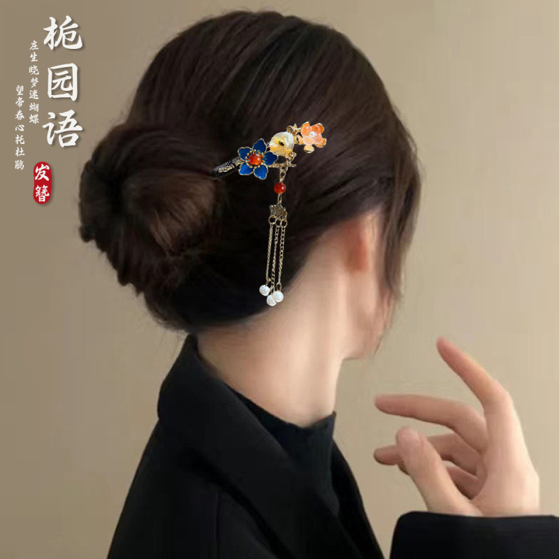国潮古风桂花珍珠流苏黑木发簪古装旗袍装饰盘发中式仿黑檀木发饰|undefined
