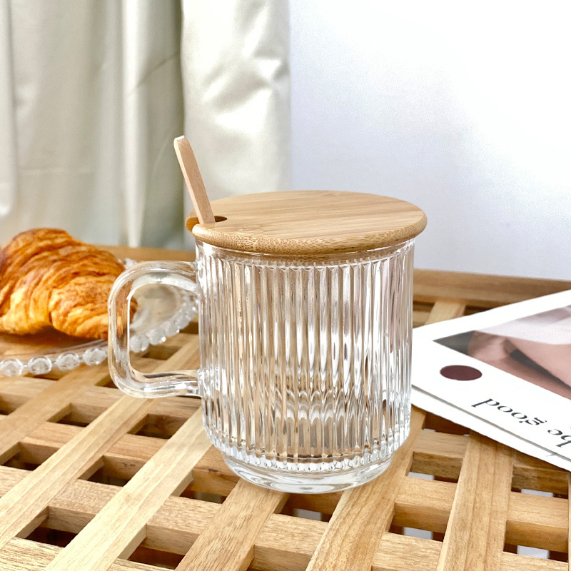条纹玻璃杯带把手盖勺 高颜值ins风 喝水杯子牛奶咖啡杯 竖纹浮雕