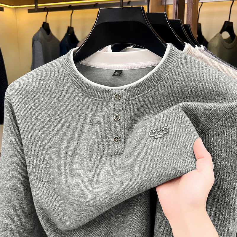 2026 Autumn/Winter Men's Knit Sweater, Round Neck Pullover, Long Sleeve, Versatile Casual Base Shirt for Middle-Aged Men