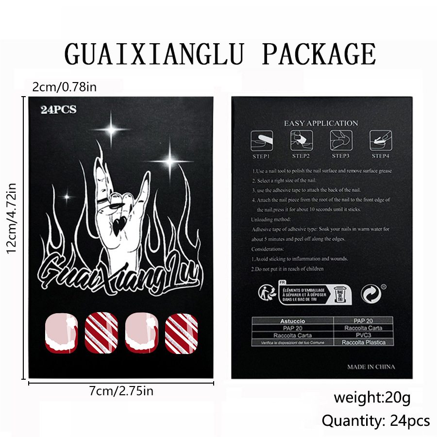 Armure carrée courte à paillettes 2024 Nouvelle manucure de Noël Rayure pailletée rouge et blanche Manucure chapeau de Noël mignon 24 pièces_voghion.com