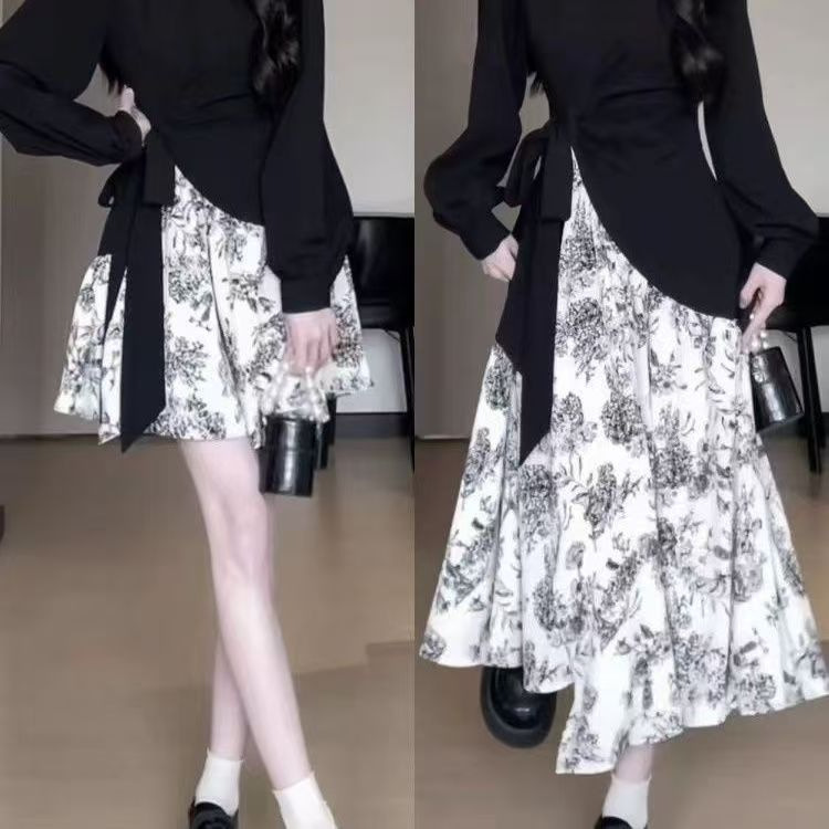 Irregular long skirt spring and autumn waist slim design ink new 2024 stitching long sleeve feeling dress