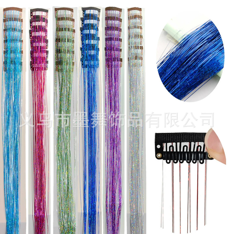 Laser Silk 6-Piece Set with Colorfulful Glossy Seamless Hair Extensions, Colorfulful Silk Gold and Silver Glitter Silk Highlights