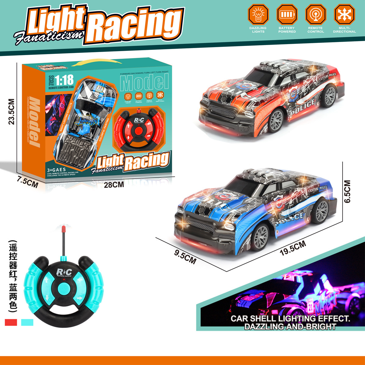 Transfronterizos niños 1: 18 coche de juguete de control remoto simulación de luz eléctrica coche deportivo de carreras coche paquete eléctrico