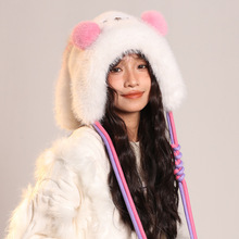 可爱腮红长耳朵兔毛绒帽子冬季保暖护耳雷锋帽加绒加厚防寒套头帽