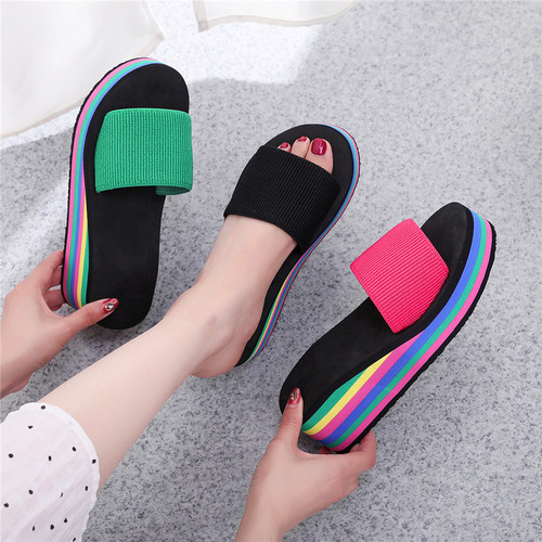 Slippers women's flip-flops women's summer rainbow thick-soled sandals high heels Internet celebrity color outer wear casual beach
