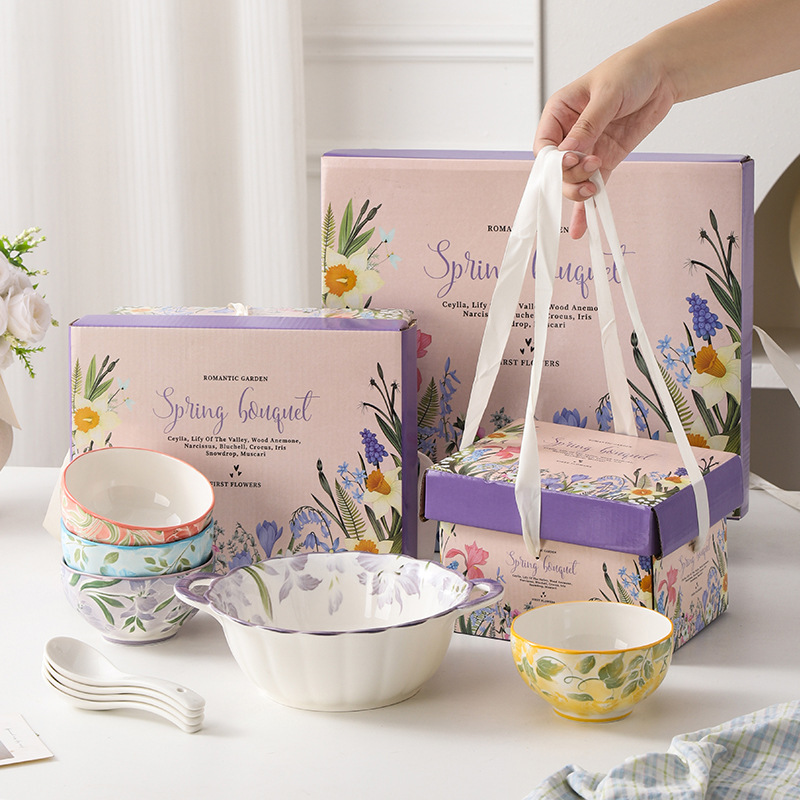 Four Seasons Flower Ceramic Bowl Tableware Gift Box Set Small Gift for Events Practical Company Gift Souvenir Four Seasons Flower Ceramic Bowl Tableware Gift Box Set Small Gift for Events Practical Company Gift Souvenir