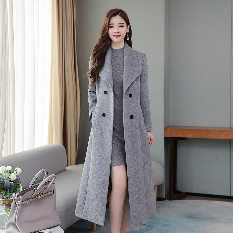 欧美现货女装秋冬新款毛呢大衣女过膝加厚加长款气质通勤外套女