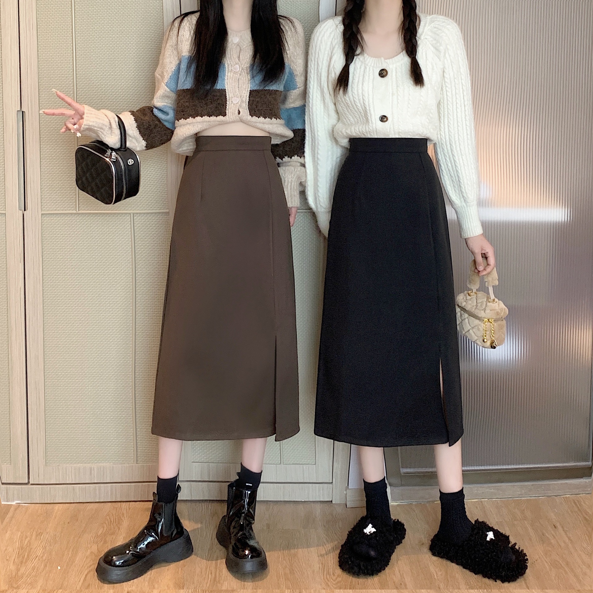 GraceChic Autumn Winter Midi 2025 New Style High Waist Split Bodycon Black Petite A-Line Skirt With Sweater_voghion.com