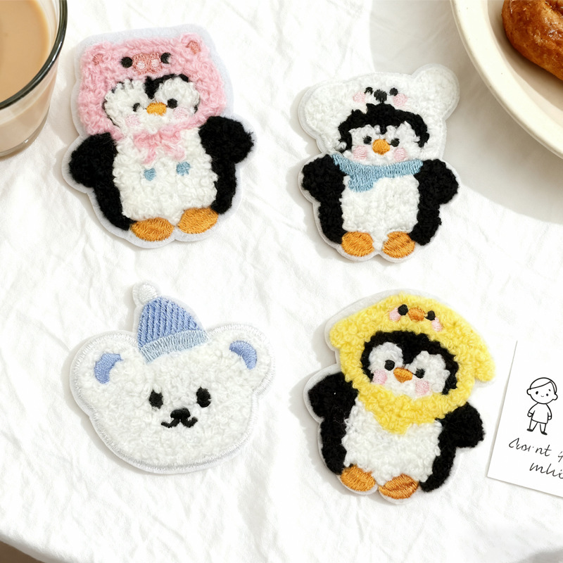 New Penguin Rabbit Cartoon Towel Mixed Embroidery Self-Adhesive Cloth Sticker Mobile Phone Case School Bag Shoes Hat Clothes Patch Sticker