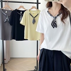 プラスサイズの女性の夏の新しい韓国スタイルのファッショナブルなシルクスカーフレースアップ半袖 100kg カジュアル Tシャツトップ 7571