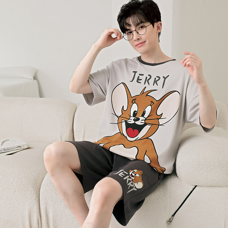 Big Children's Pajamas Boys Summer Thin Cotton Short-sleeved Teenager Students Men's Home Clothes Cotton plus size suit