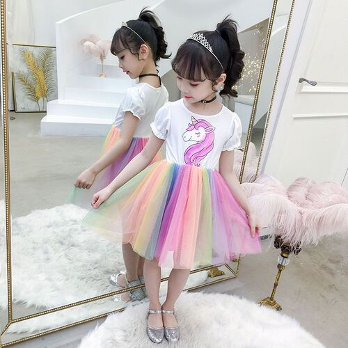 Children's clothing summer girls rainbow skirt dress 2024 new medium and large children's princess skirt little girl fashion skirt trendy