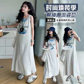 【假两件】女童夏款洋气无袖连衣裙女大童夏季时尚卡通印花背心长