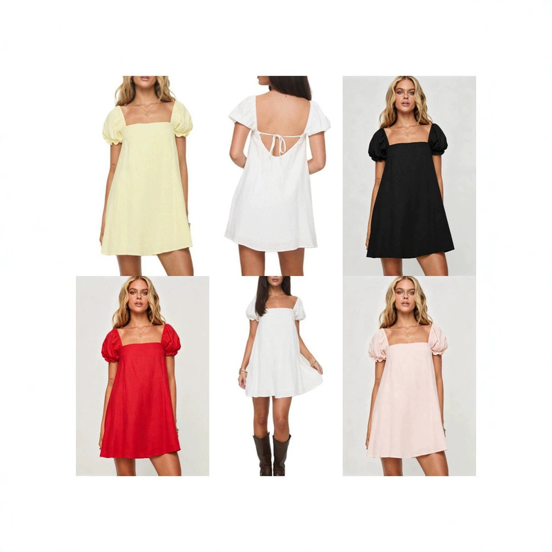 Puff sleeve off-shoulder tie dress for women, new summer style, solid color, short, loose, slimming princess dress Puff sleeve off-shoulder tie dress for women, new summer style, solid color, short, loose, slimming princess dress