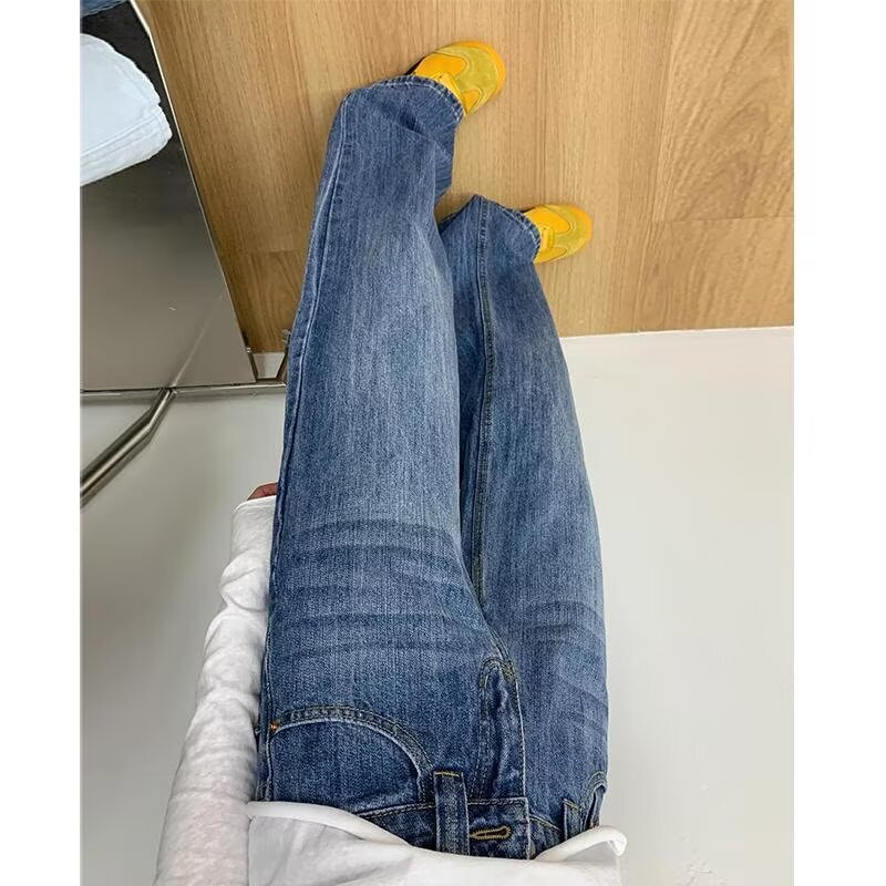 美式辣妹低腰直筒牛仔裤女2025新款复古水洗设计感显瘦拖地阔腿裤|undefined