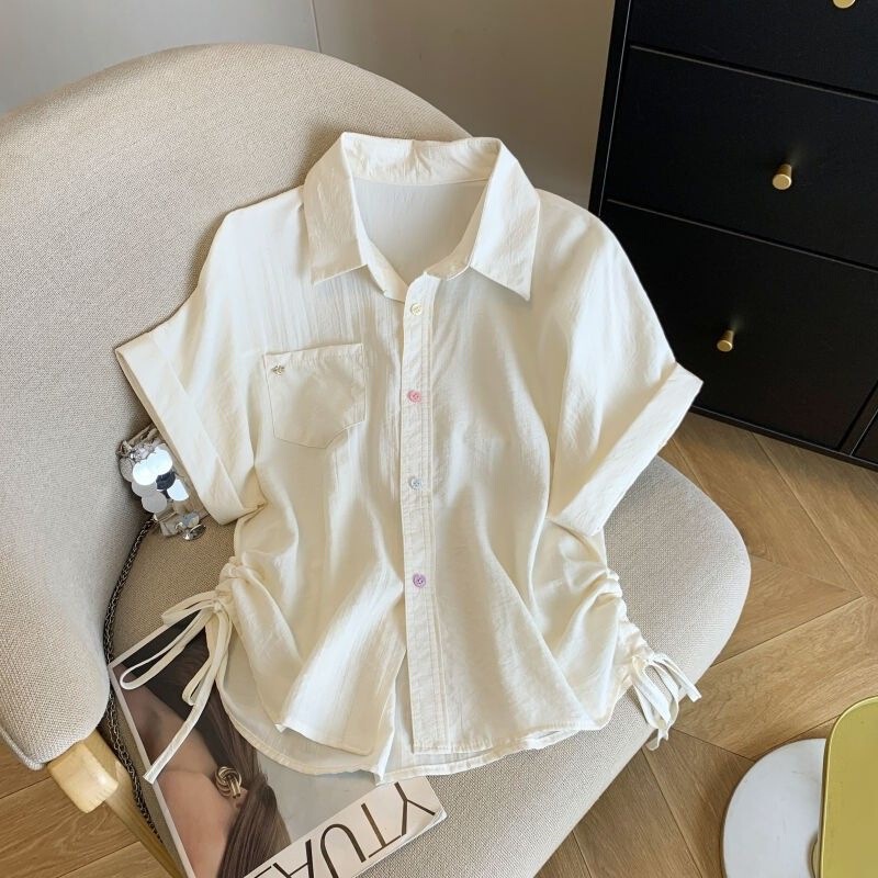 Korean Style Polo Collar White Shirt for Women, Summer Loose Casual Regular Shoulder Short-Sleeve Shirt with a Stylish Drawstring Design, Short Top