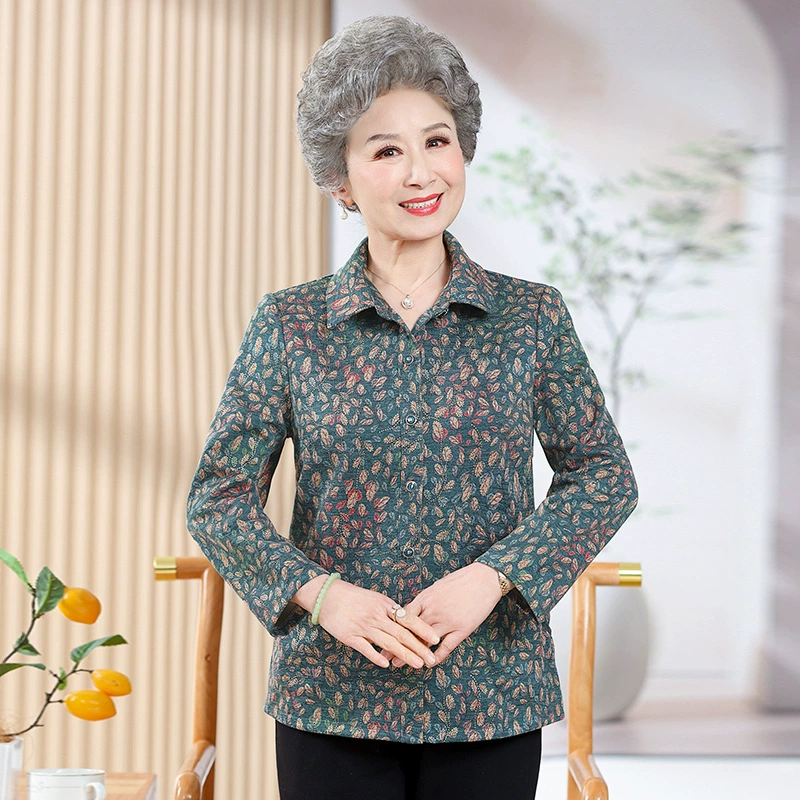 Бабушка весенняя рубашка пожилая женщина кардиган мама весна и осень рубашка 60 лет 70 лет с отворотом топ новый