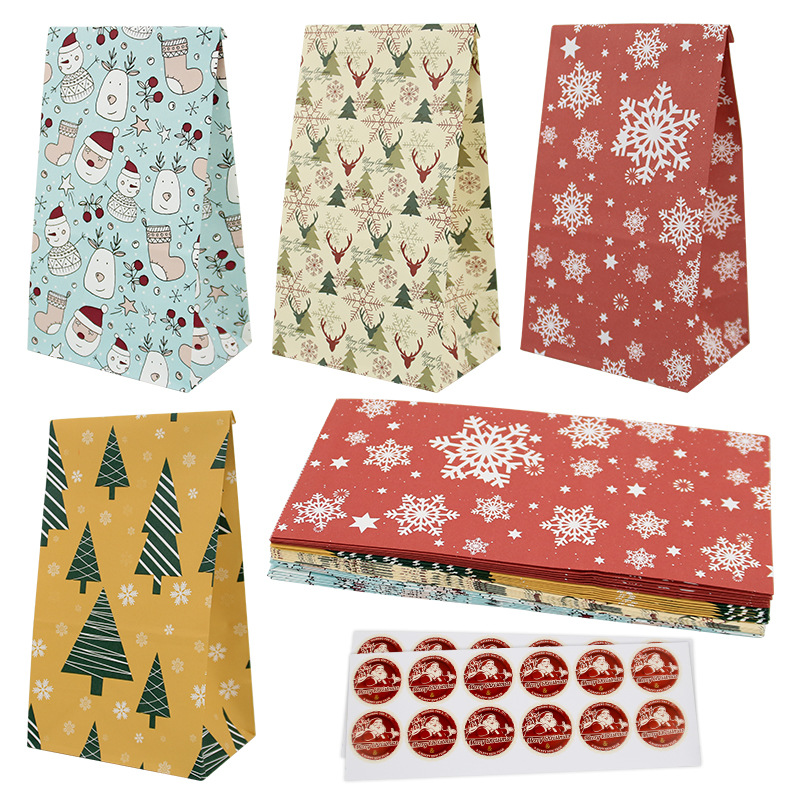 Amazon's hottest Christmas kraft paper wrapping bags, 4 colors, square bottom, oil-proof self-sealing food bags, in stock and ready to ship.