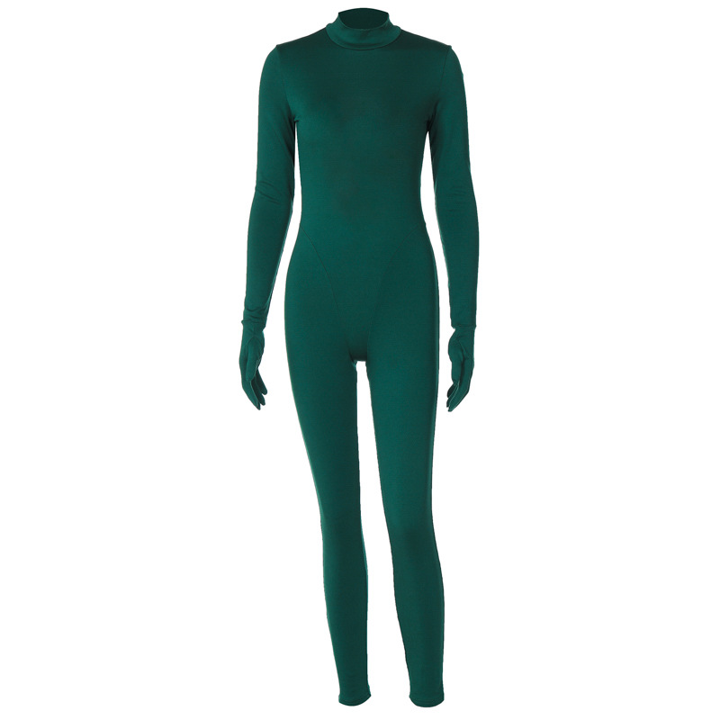 2024 Spring Thin Fleece Bottom Sexy Open Back Round Neck Pullover Long Sleeve Gloves Tight Jumpsuit_voghion.com