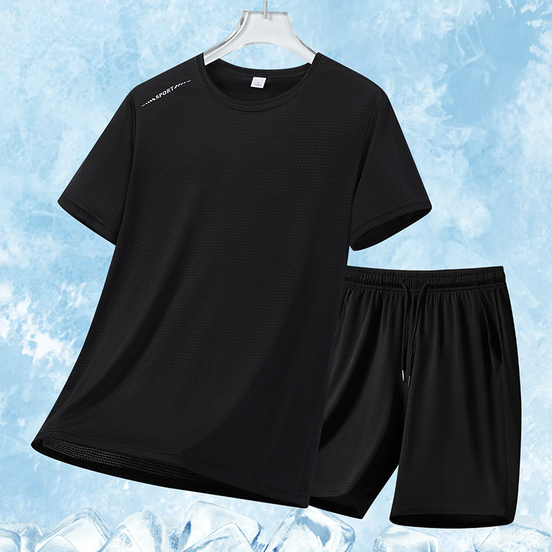 Ice Silk Summer Traje deportivo casual para hombre Cool suelto de dos piezas para hombre Camiseta transpirable de secado rápido Pantalones cortos para hombre