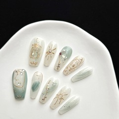 水瓶座清冷氛圍感小眾春日穿戴甲淺綠色暈染線條鎏金貓眼美甲貼片