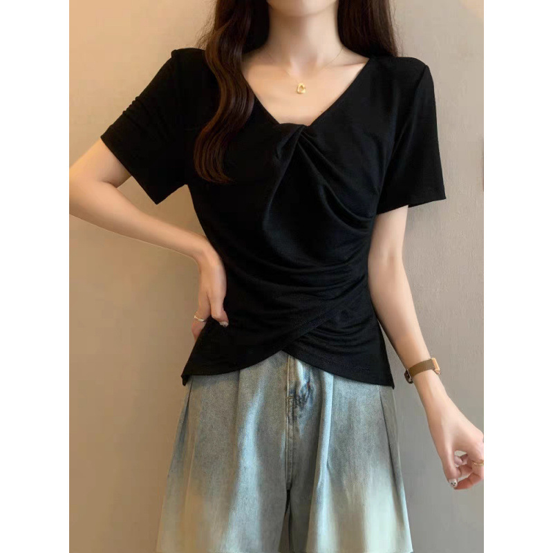 デザイン不規則クロスVネック右肩半袖Tシャツレディース夏新作気質シックな痩身ショートトップ|undefined