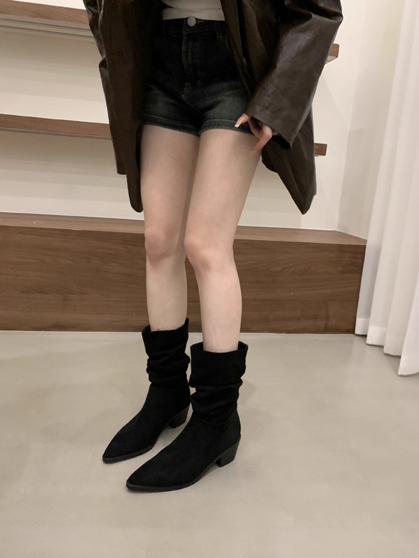 高跟尖头绒面卡其色瘦瘦法式小短靴女鞋2025新款堆堆靴春秋单靴子|undefined