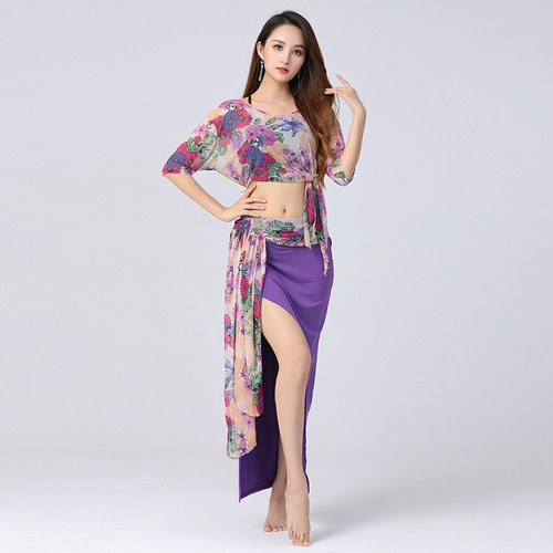 Summer Belly Dance Practice Suit New Style Bat Sleeve Slimming Large Size Floral Practice Performance Dress
