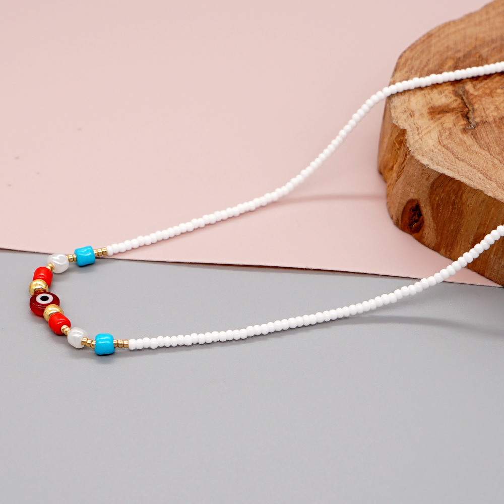 New Bohemian Style White Bead Glass Devilu0027s Eye Beaded Necklace