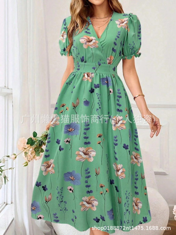2025 夏ヨーロッパとアメリカの貿易クロスボーダー婦人服アマゾン人気のラウンドネック花びら袖半袖ミドル丈プリントドレス|undefined