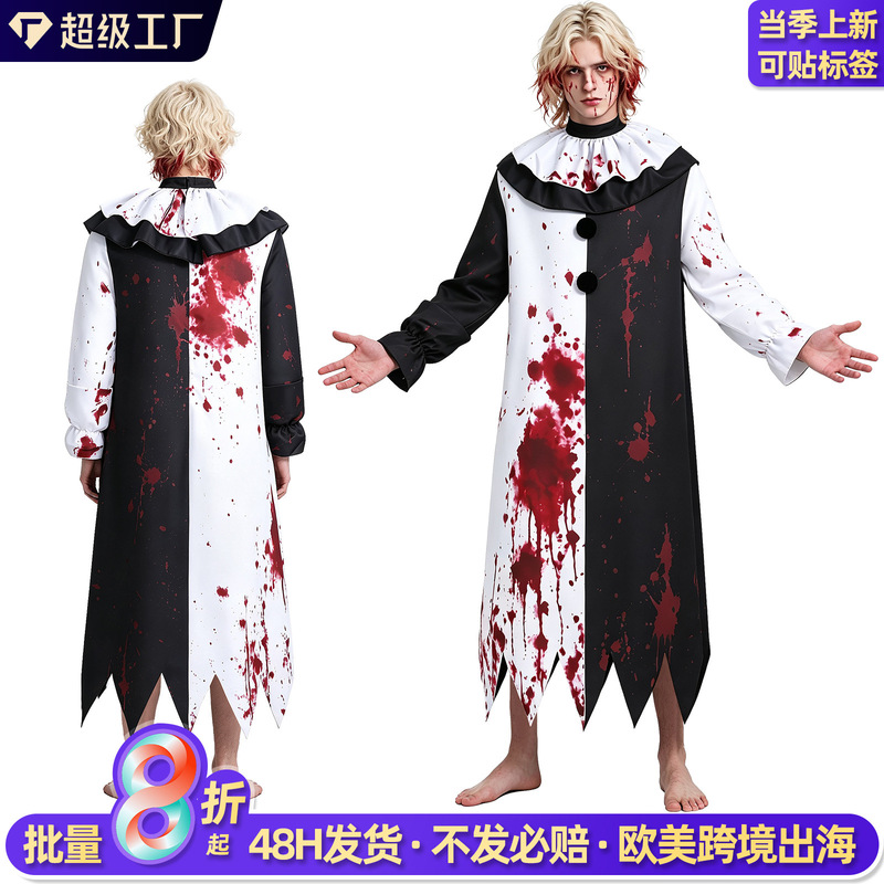 Cross-border Scary Clown Bloody Robe Halloween Party Cosplay Costume with Horror Bloodstains Black and White Clown Outfit