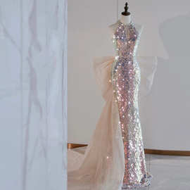 挂脖晚礼服女亮片名媛收腰鱼尾年会主持人鱼姬轻奢新娘敬酒礼服裙