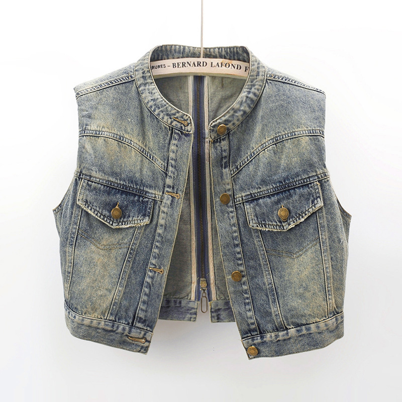 2025 Spring and Autumn New Design Retro Zipper Motorcycle Denim Vest Women's Short Sleeveless Vest Waistcoat Vest 2025 Spring and Autumn New Design Retro Zipper Motorcycle Denim Vest Women's Short Sleeveless Vest Waistcoat Vest