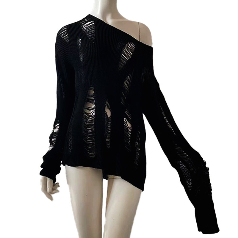 Cross-Border Dropshipping Women's Sexy Hollow-Out Sweater with Holes and Tears, Dark Gothic Style Autumn and Winter Women's Knit Top