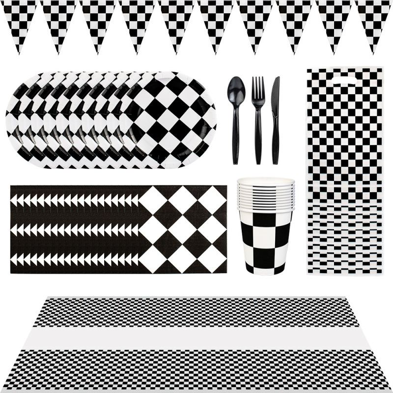 Amazon Black and White Plot Birthday Party Set Paper Tray Paper Towel Paper Cup Birthday Party Decoration Racing Mosaic