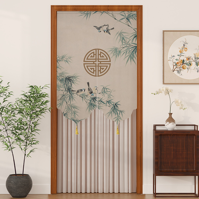 Chinese-Style Door Curtain, Four-Season Partition Curtain, Blocking Curtain, Chinese-Style Printed Gauze Door, Kitchen Bathroom Household Punch-Free Curtain