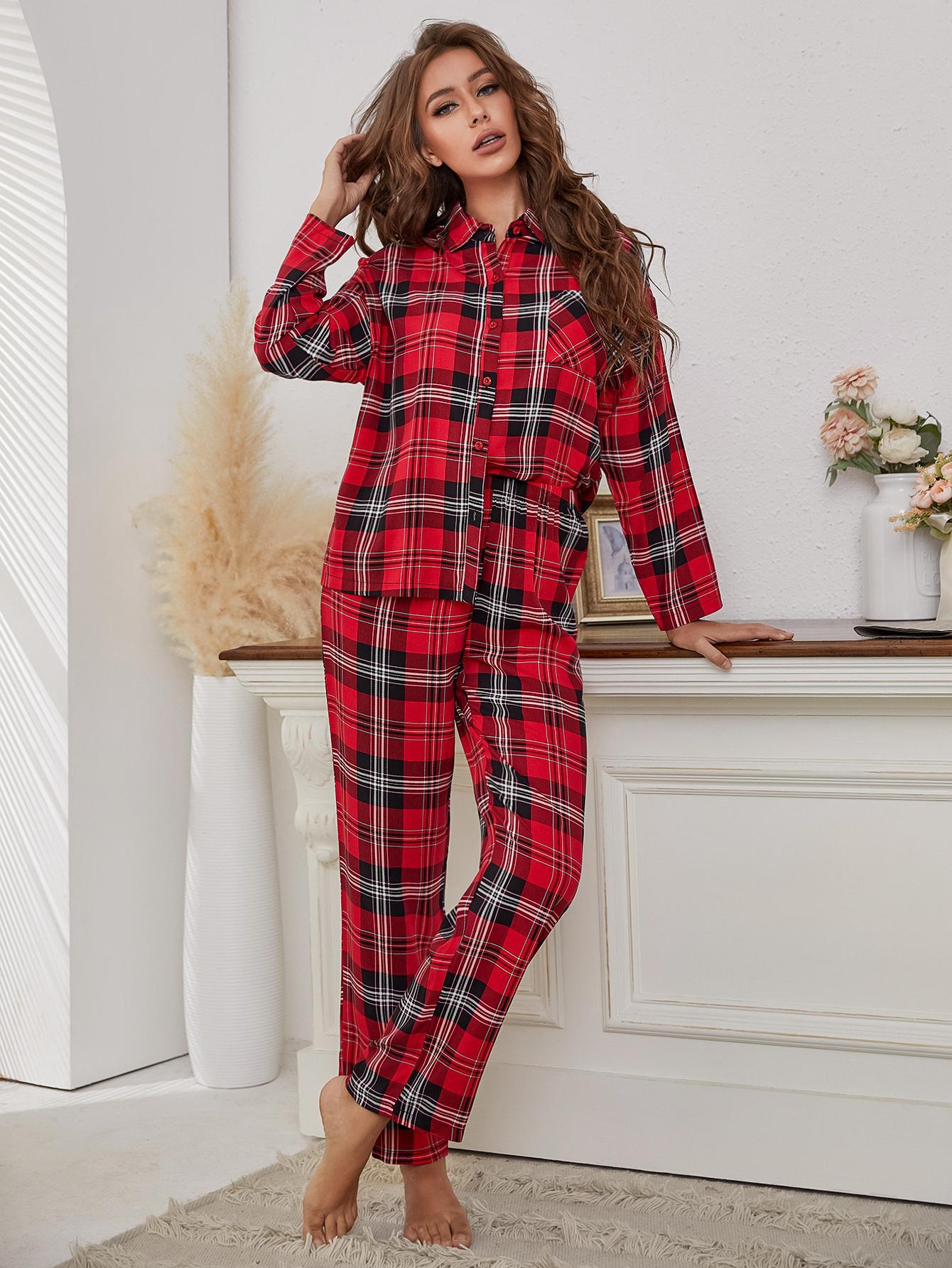 women red plaid long sleeved autumn and winter home clothes two piece set that can be worn outside foreign trade  _voghion.com