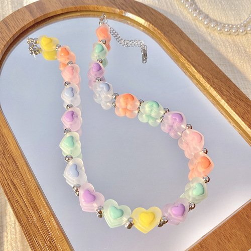 Dopamine necklace colorful heart resin lockets, niche girlfriend summer small-town sweet and cute accessories