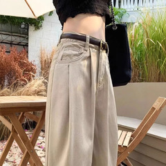 高级感咖色直筒阔腿牛仔裤女2025新款百搭褶皱设计感宽松拖地裤