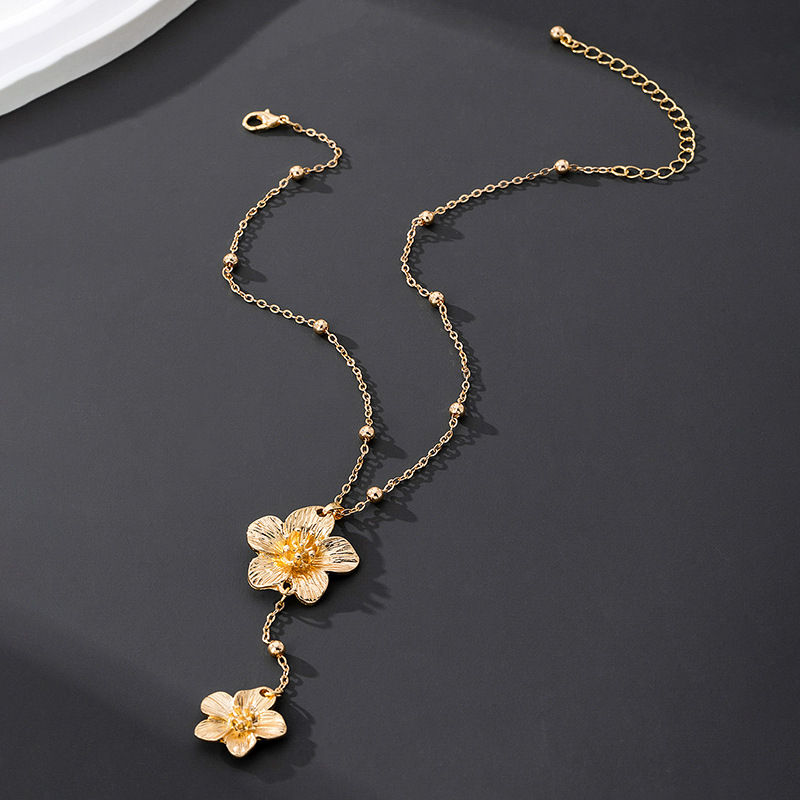 Collier pendentif fleur plissée dorée, tendance européenne et américaine, pour femme, style multi-rangs._voghion.com