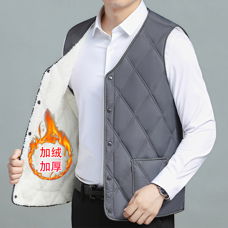 厂家男士羽绒棉马甲加绒加厚中老年棉背心坎肩保暖爸爸装大码马夹